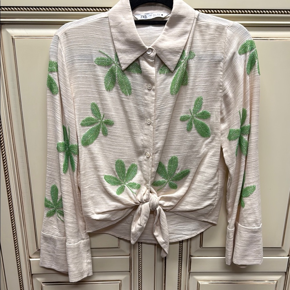 Zara Cream and Green Leaf Embroidered Women's Top